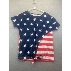 Patriotic For Gand PL July 4th Womens Flag Print Shirt L Tie Front Stars Stripes